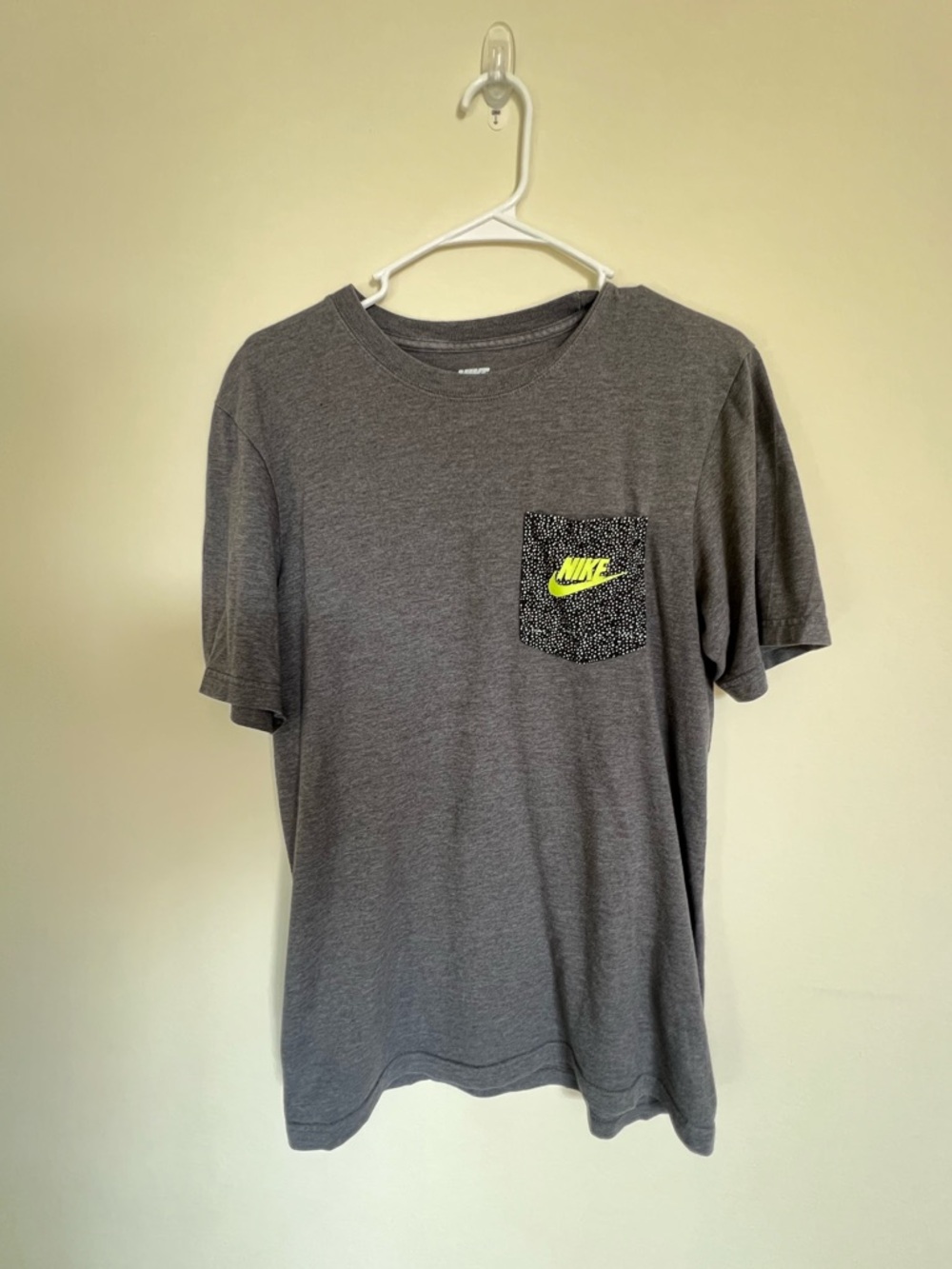 Nike Short Sleeve Gray Tee with Neon Yellow Logo Pocket